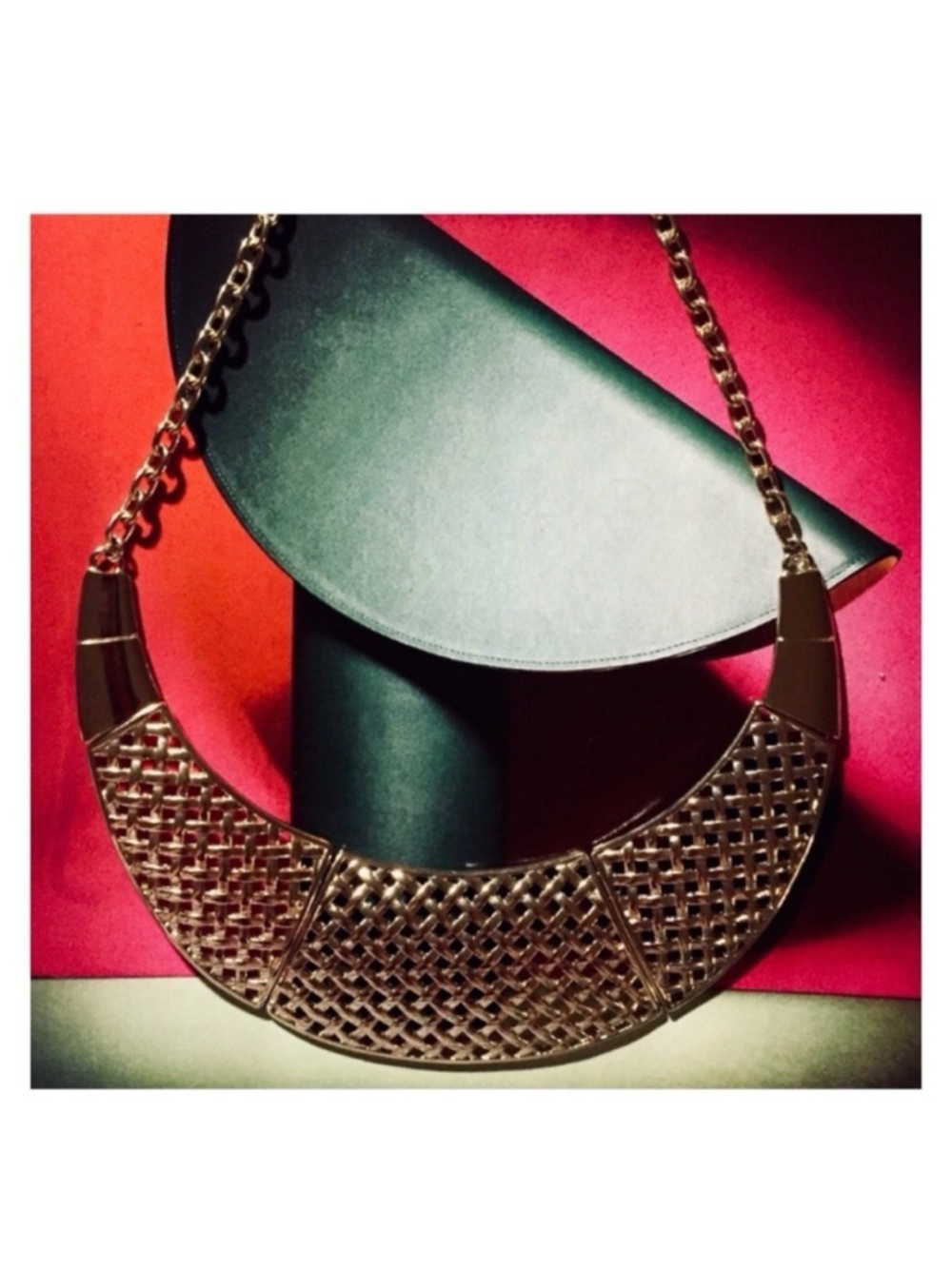 Vintage Gold Bib Necklace with Basketweave Design